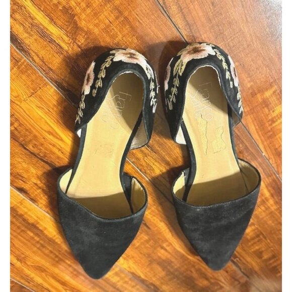 Franco Sarto Sanora Blk Suede Floral Embroidered DOrsay Flats Pointed Shoes 10M - Picture 2 of 7
